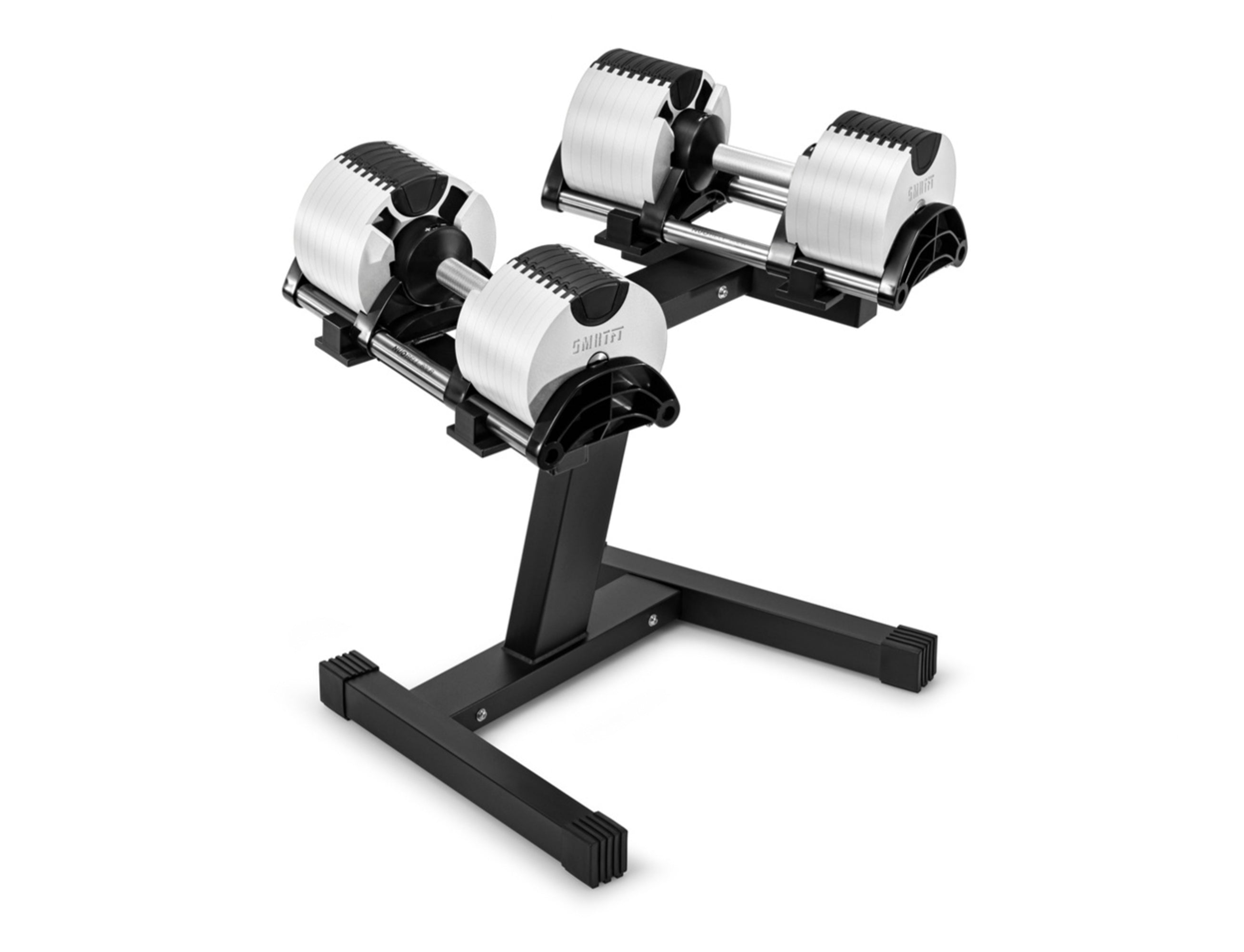 White Adjustable Dumbbell With a Black Dumbbell Rack By SMRTFT